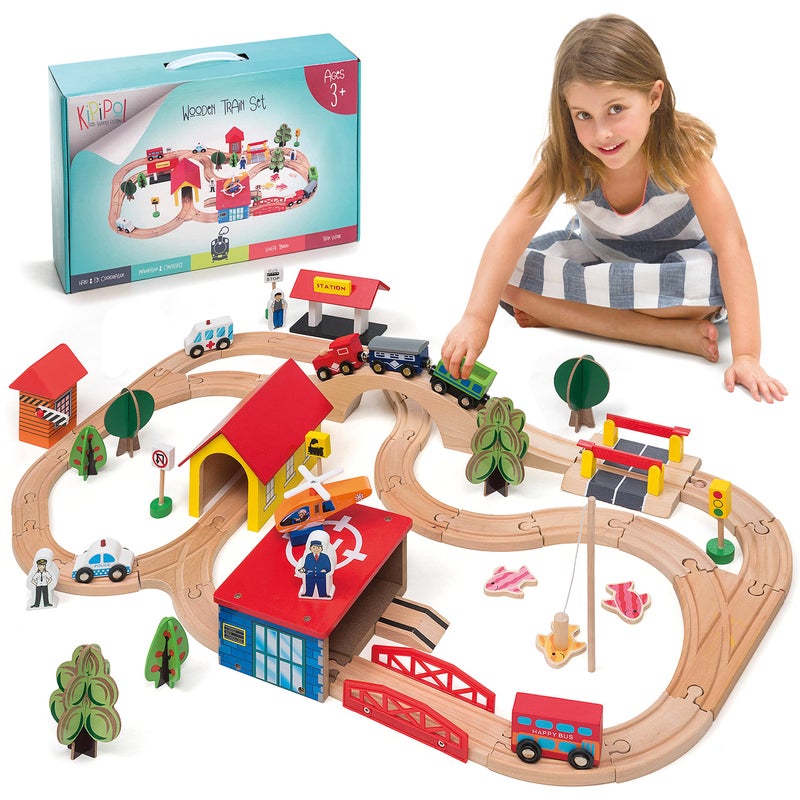 KipiPol Wooden Train Set - 69 Pieces Wooden Train Tracks & Trains for Kids, Toddler Boys and Girls 3,4,5 Years Old and Upâ€“ Premium Wood Construction Toys -Fits Thomas, Brio, IKEA, Melissa and Doug - Image 1